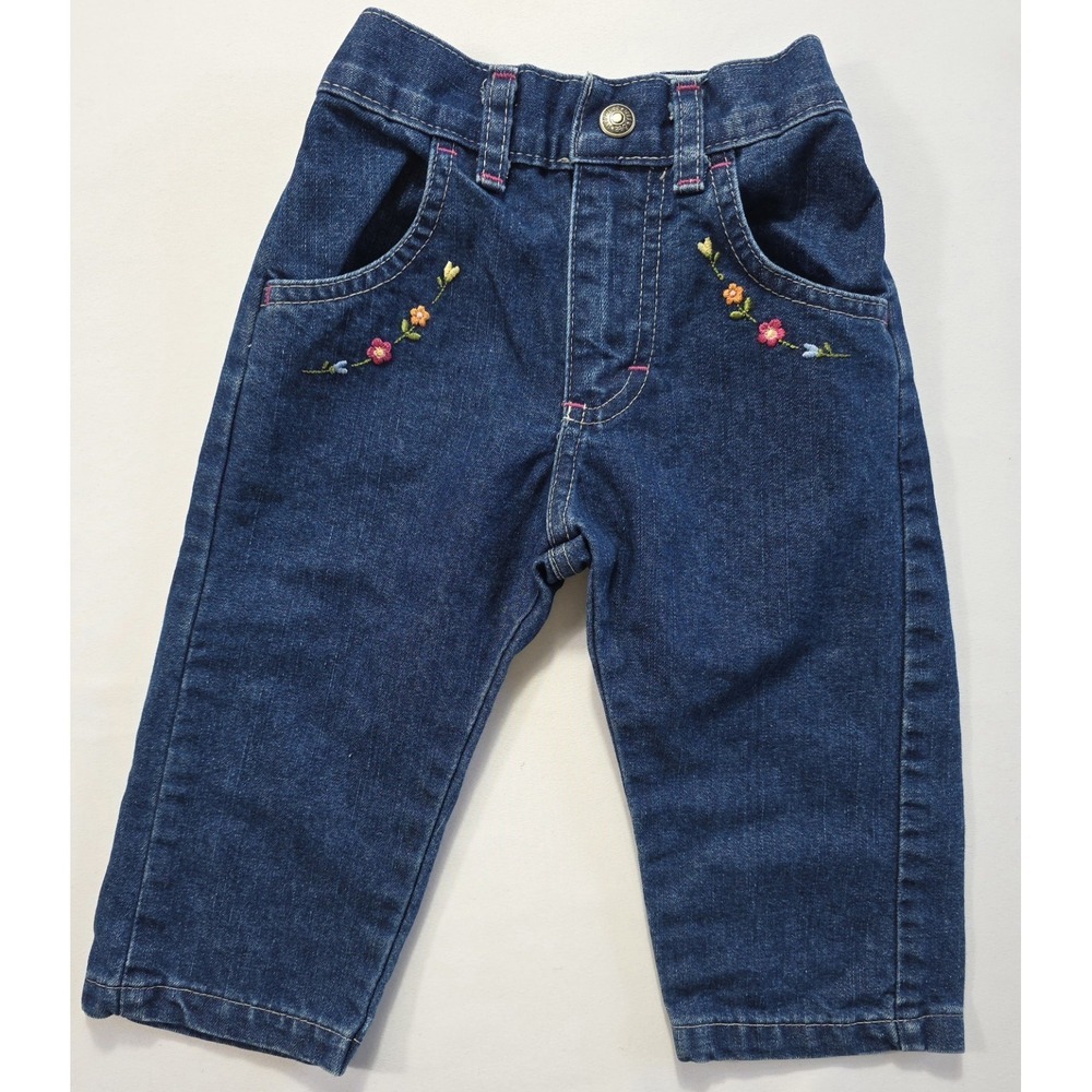 Y2K Lee Baby Girl Denim Jeans Floral Embroidery 18M Elastic Waist Blue